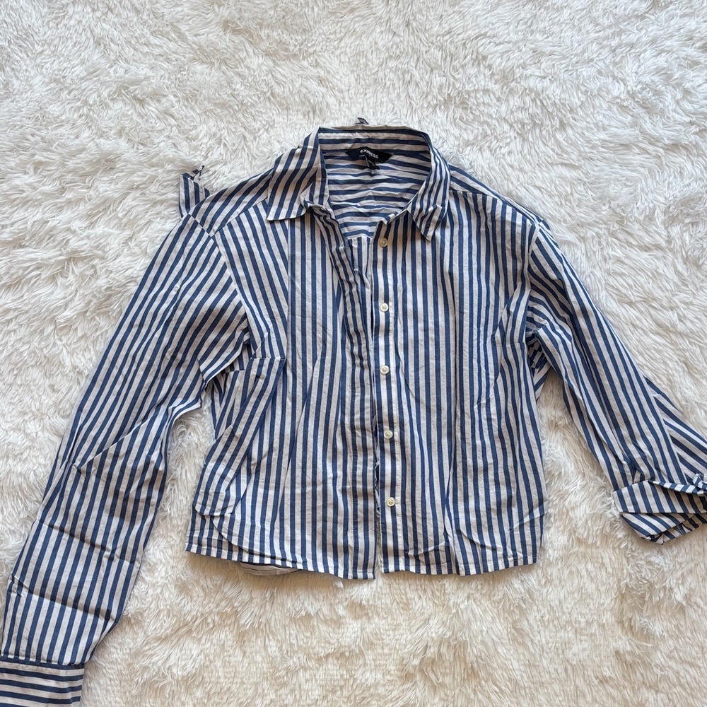 Express Blue and White Striped Button-Up Top